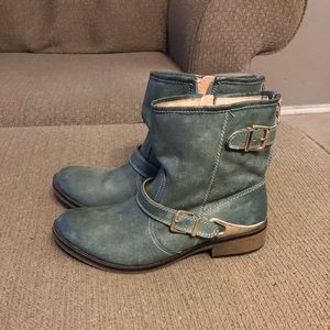 Teal/ Green ankle boots with gold buckles